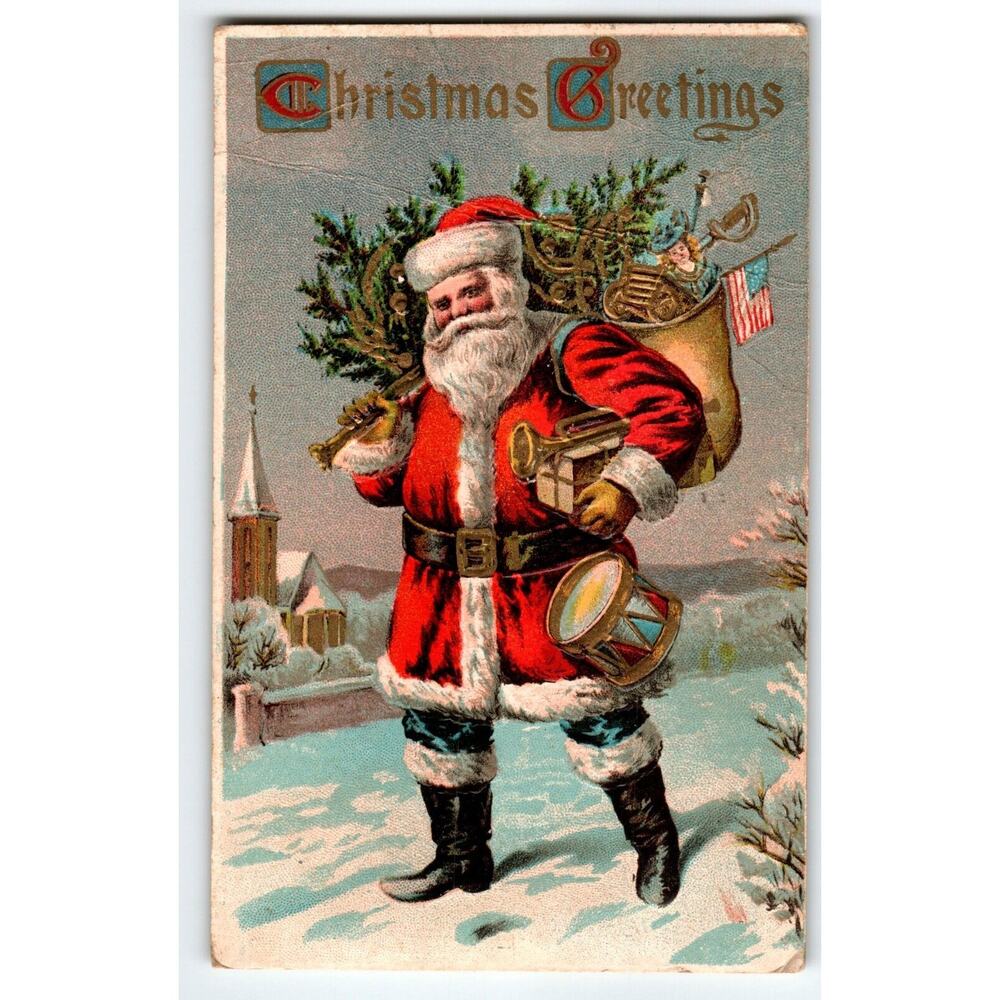 Santa Claus Christmas Postcard Saint Nick With Tree Toy Drum Flag Church 1909